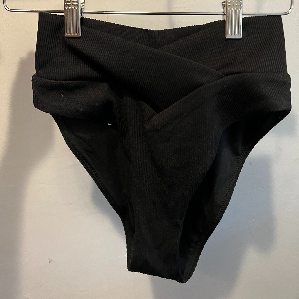 Aerie Ribbed Crossover High Cut Cheeky Bikini Bottom, Black, Size S